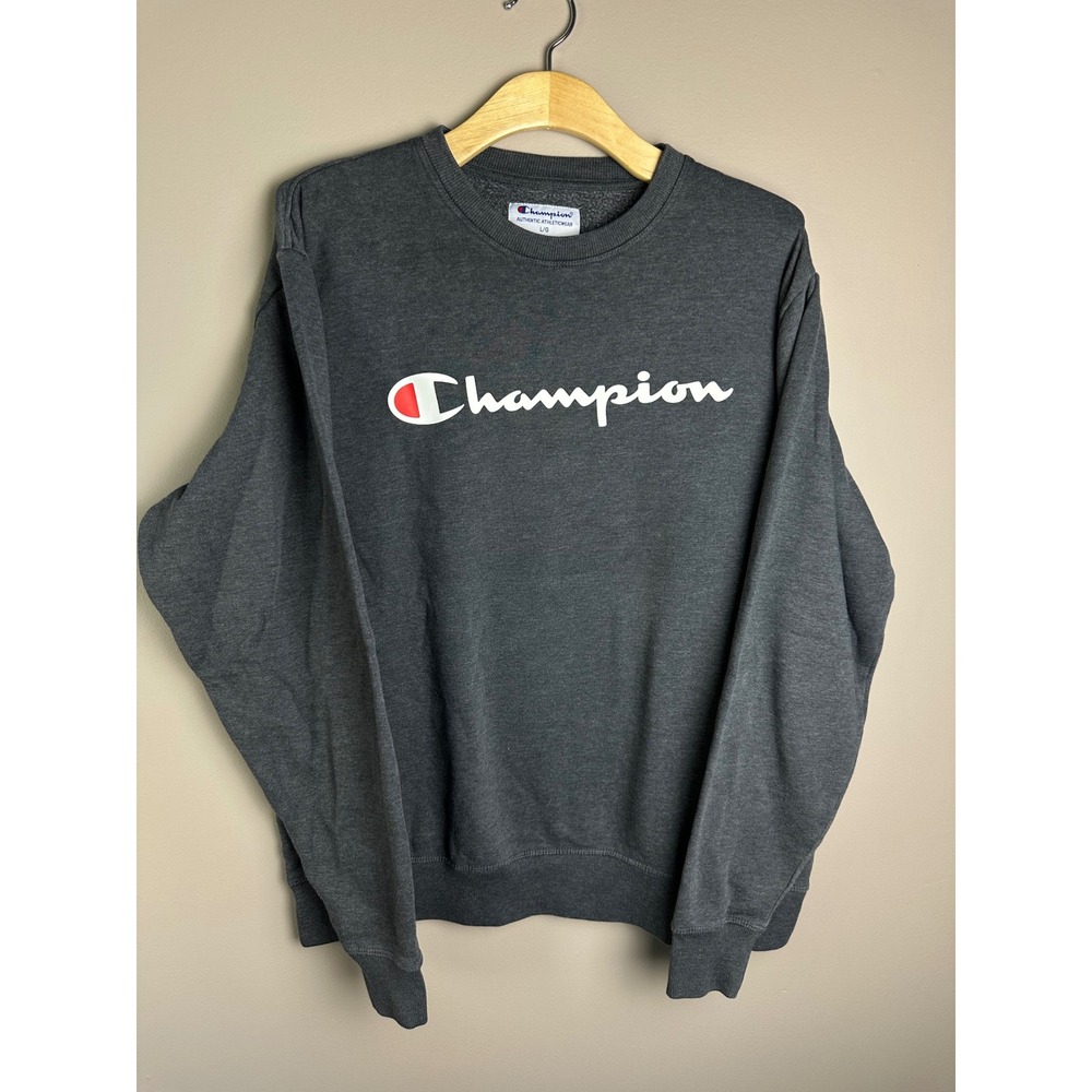 Champion Mens Script Logo Crewneck Sweatshirt Charcoal Gray Fleece Pullover L